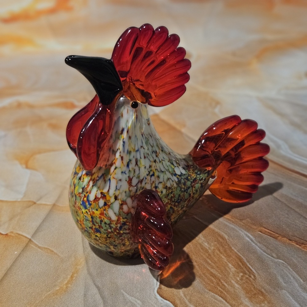 Hobby Lobby Art Glass Rooster Chicken Figurine 7" Multicolor Farmhouse Decor
